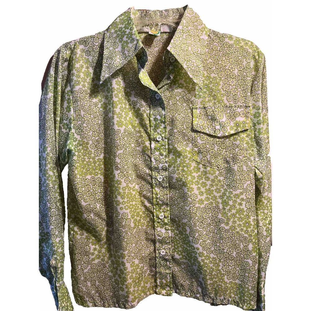 Skyr Vintage Womens Medium Shirt Green Nylon Disco Floral Button Down Top EUC
